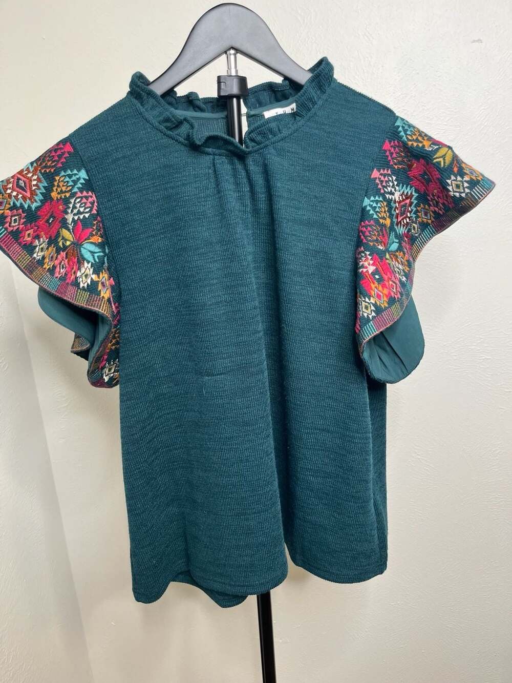 Teal Embroidered Boho Blouse Ruffle Neck and Sleeves